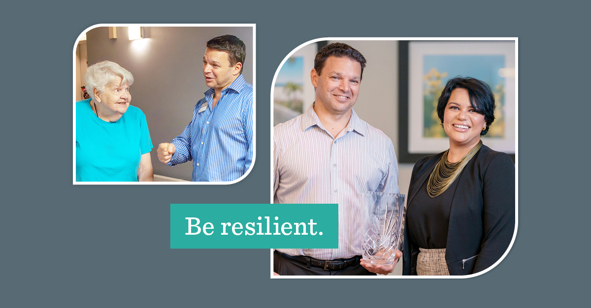 Holiday Executive Director in a mosaic image, one with a senior living resident and one receiving an award from his region's Vice President, Yunia Gonzalez