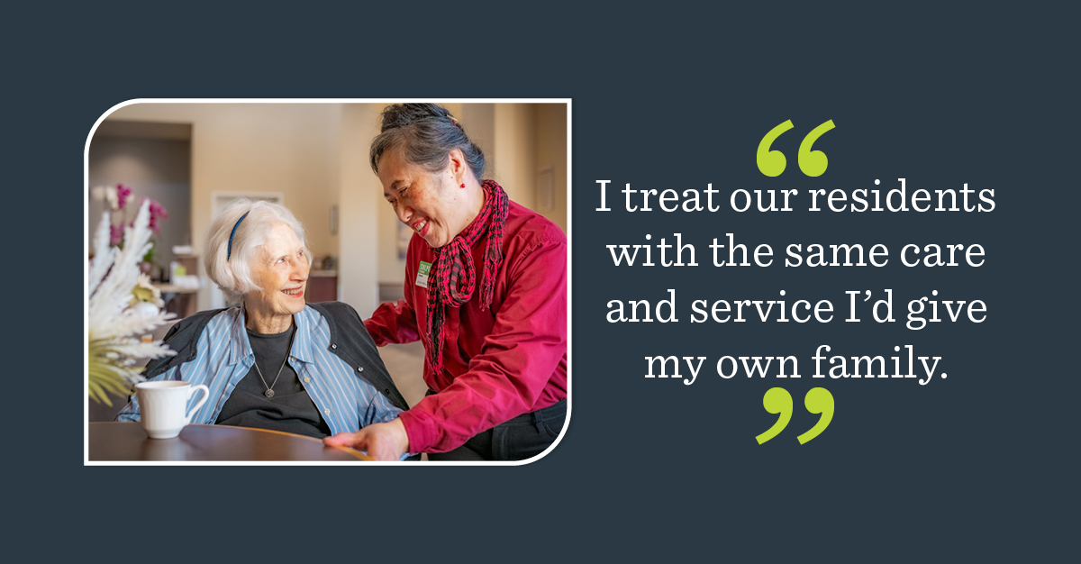 Sulpi Cabauri, server at Atria Walnut Creek, reflects her career and winning CALA’s 2024 Excellence in Service Award.