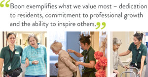 Inset quote image featuring photos of Boon with residents at Atria Aquidneck Place;