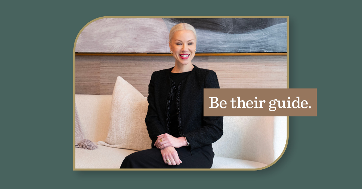 Profile of a woman in black dress with gold overlay banner with the words "Be their guide"