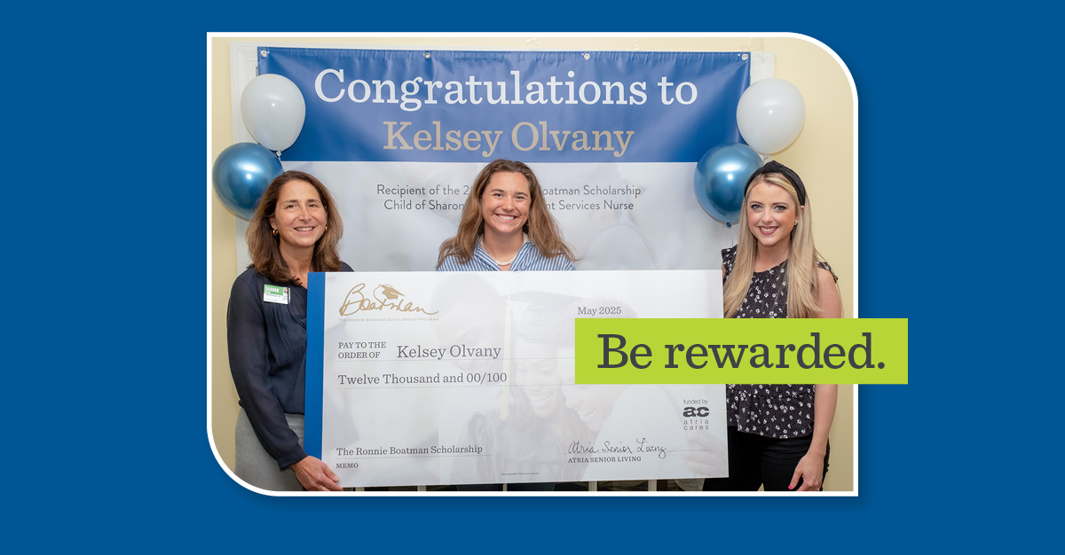 Three women holding an oversized check with a green overlay with the words "Be rewarded."