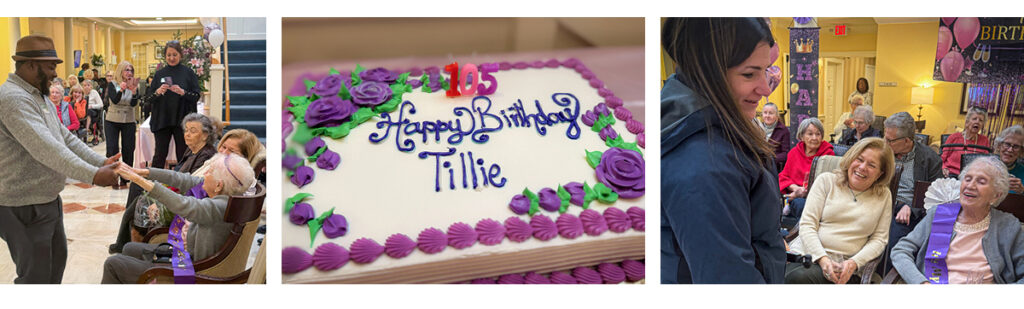 Three images of a birthday party side by side. The left has an older woman, sitting, holding hands with a man standing. The middle has a birthday cake that says "Happy Birthday Tillie". The third has Tillie with a lot of friends and family around.