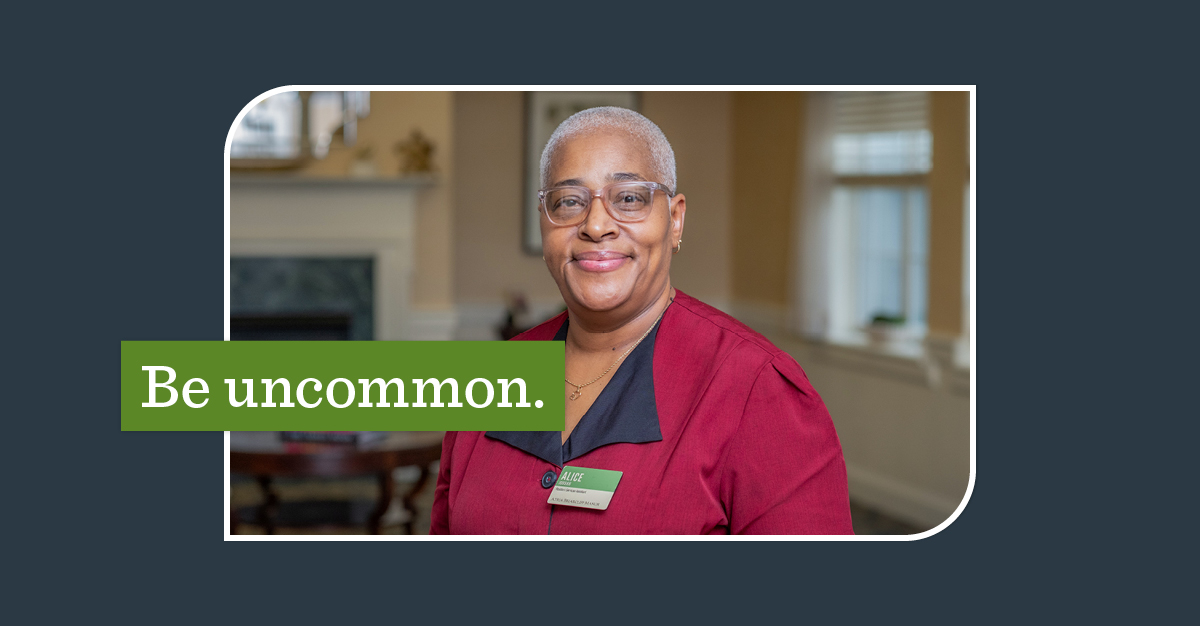 Profile of Resident Services Assistance Alice Jordan with a green overlay that says "Be uncommon."