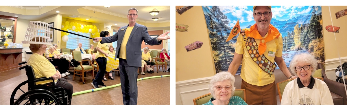 Side-by-side images with an Atria employee, Craig, with residents; on the left, Craig holds a pole with a laundry basket attached; on the right, Craig wears a Boy Scouts uniform and poses with residents.