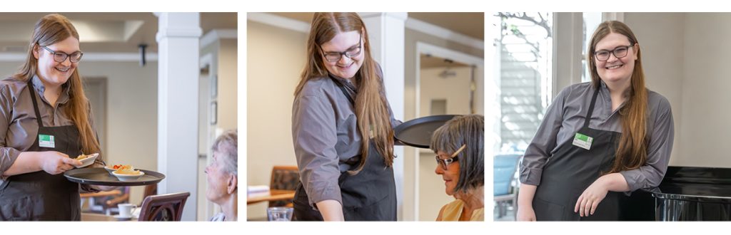 A triptych of Elle in the community - the first two show her serving residents; the third she smiles at the camera