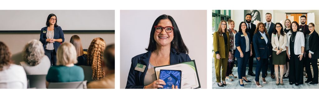 Three-photo collage showing a woman presenting to an audience, holding an award and certificate, and standing with a group of colleagues.