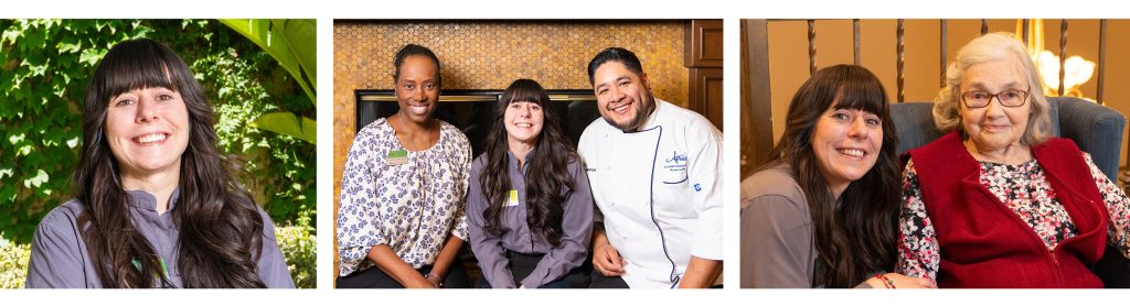Triptych of Ashley smiling alone and with residents and employees