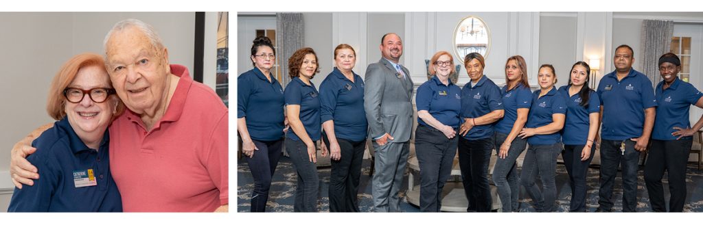 Two-photo collage showing Catherine smiling with a resident and standing with a group of Atria on Roslyn Harbor team members.