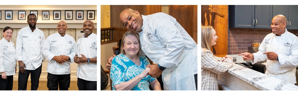Three-photo collage featuring culinary team members, a chef greeting a resident, and a chef speaking with a woman at a kitchen counter.