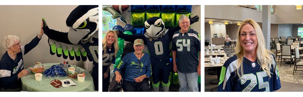 Triptych of a man in a Seattle Seahawks mascot costume posing with and high-fiving residents and people in football jersey