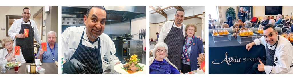 Four-photo collage featuring Chef Peter Taylor with residents, presenting a plated meal in the kitchen, and participating in community dining events.