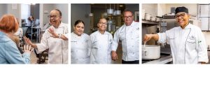 Three-photo collage featuring Chef Crystal Johnson interacting with a resident, posing with two fellow chefs, and smiling while cooking in a kitchen.
